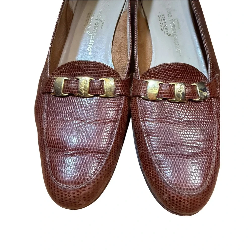 Salvatore Ferragamo Mens Lizard Embossed Leather Gancini Loafers Brown 9.5 2A/B
